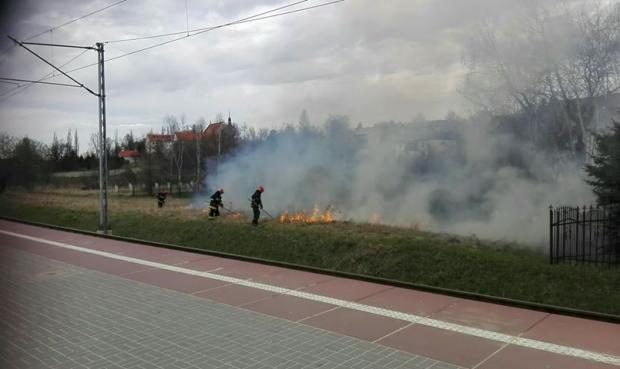 Płonie trawa obok torów kolejowych przy stacji Wieliczka