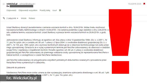 INFORMACJA O ZAMIARZE WSZCZCIA KONTROLI SKARBOWEJ – faszywe e-maile, ktre s niebezpieczne trafiaj rwnie do wielickich przedsibiorcw