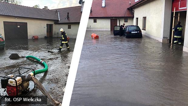 Po zalanej remizie OSP Wieliczka pływały ryby i żaby