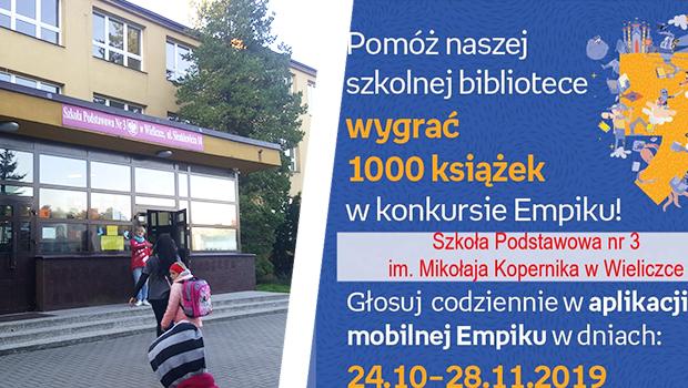 Szkoła Podstawowa nr 3 w Wieliczce chce zwyciężyć w konkursie Empiku i otrzymać 1000 książek!  Pomóż w głosowaniu!