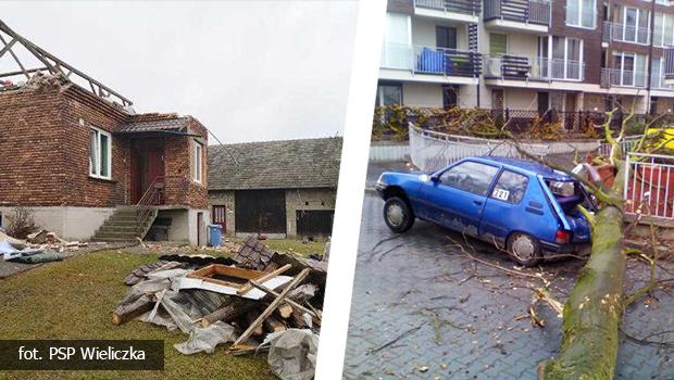 Zerwany dach, drzewo przewrcone na samochd - to tylko niektre skutki wichury w powiecie wielickim. [zdjcia]