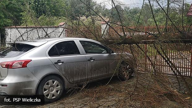 W Wieliczce drzewo spadło na samochód, w Niepołomicach zalane centrum miasta