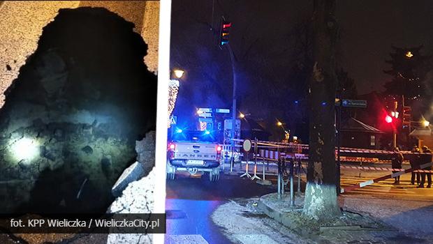 Wielka dziura na przejciu dla pieszych w centrum Wieliczki - ul. Goliana zablokowana