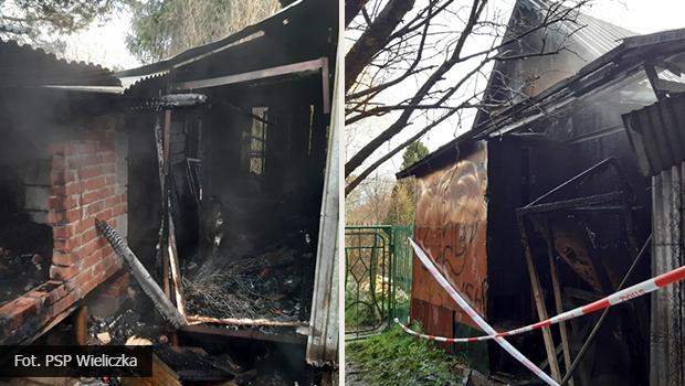 Pożar na ogrodach działkowych w Wieliczce – strażacy ewakuowali kobietę z płonącej altany