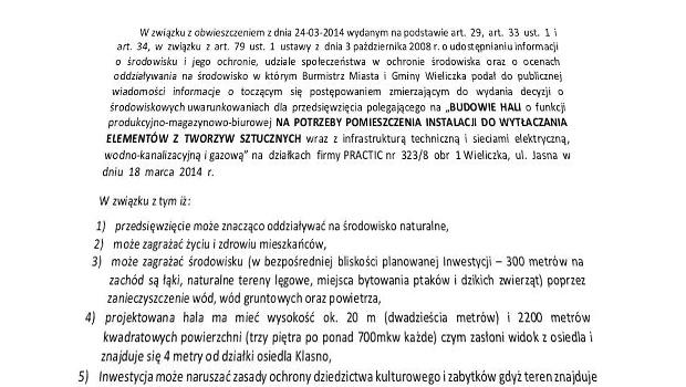 Pismo protestacyjne przeciwko budowie hali produkcyjnej przy ul. Jasnej w Wieliczce